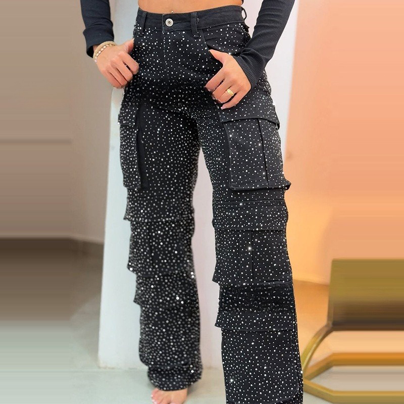 đ„Weite Hose mit Strasssteinen und Taschen fĂŒr Damen