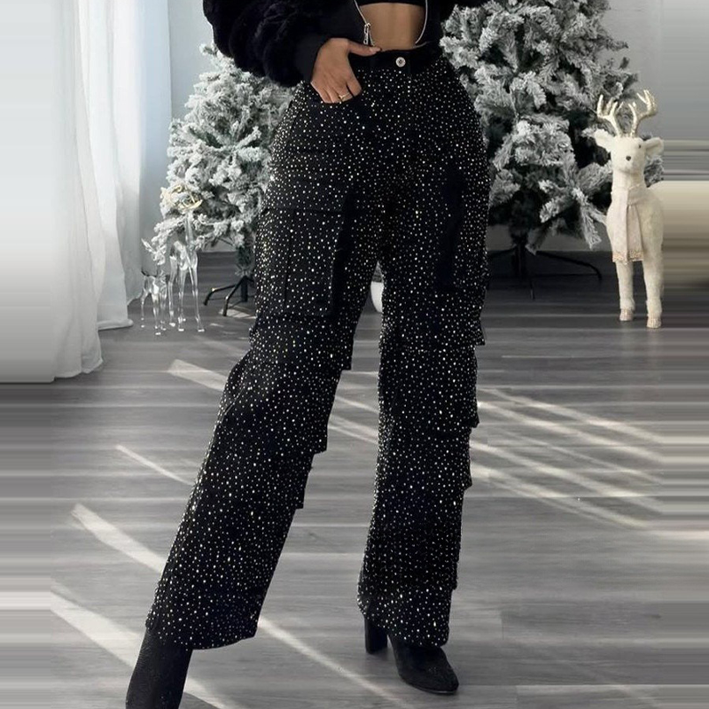 đ„Weite Hose mit Strasssteinen und Taschen fĂŒr Damen
