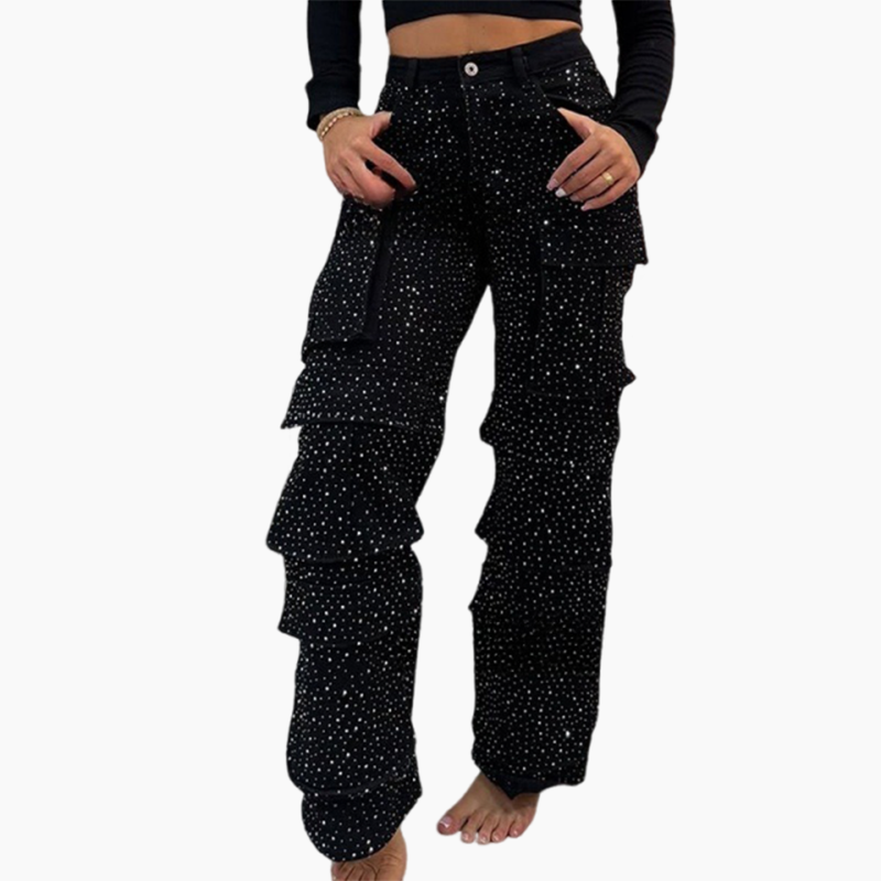 đ„Weite Hose mit Strasssteinen und Taschen fĂŒr Damen