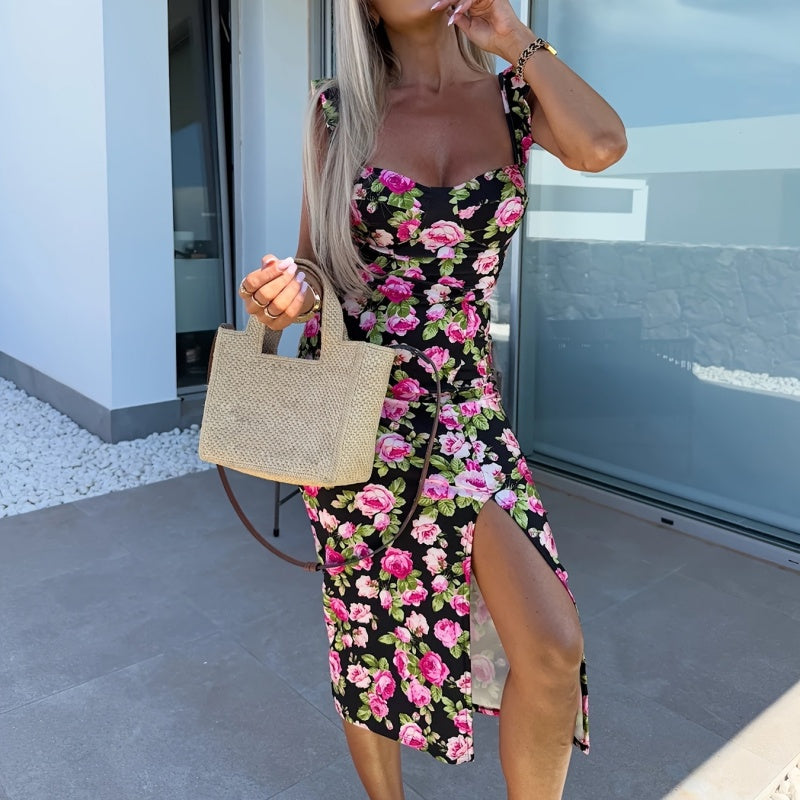Elegantes Kleid mit Blumenmuster und Seitenschlitz für Damen