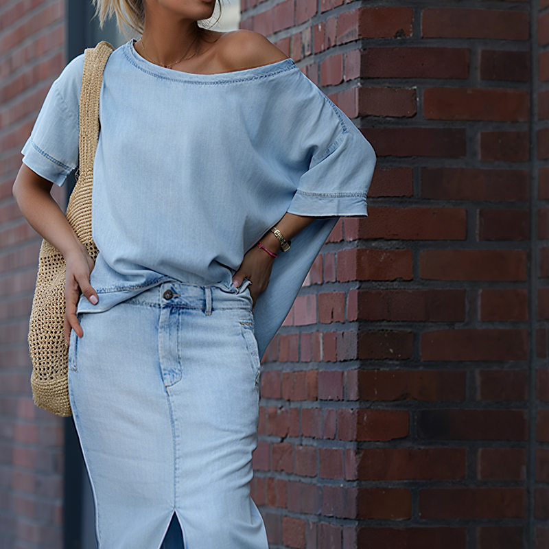 Damen diagonales Schultertop mit gespaltenem Denim-Maxirock
