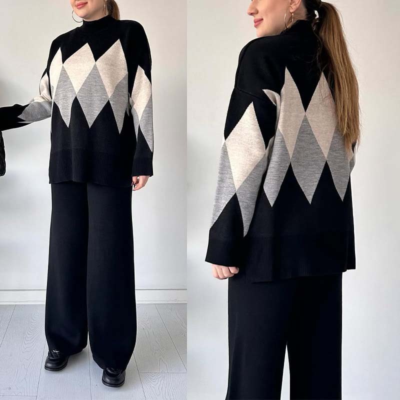 Modische Farbe-Blocking-Set aus Pullover und Hose mit Rautenmuster