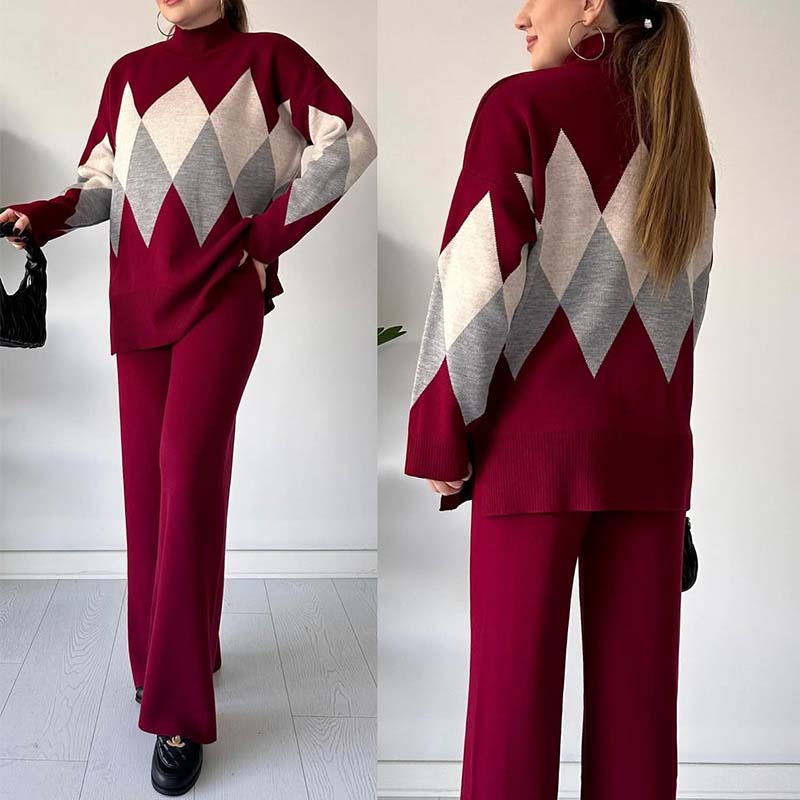 Modische Farbe-Blocking-Set aus Pullover und Hose mit Rautenmuster