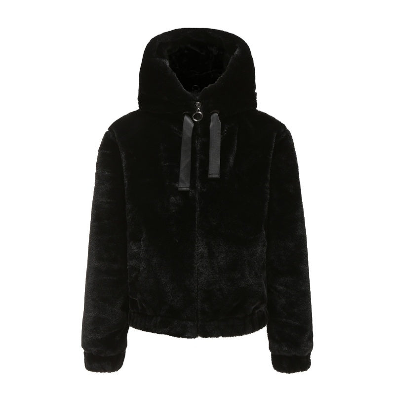 Kurze Kapuzenjacke aus Kunstfell für Damen