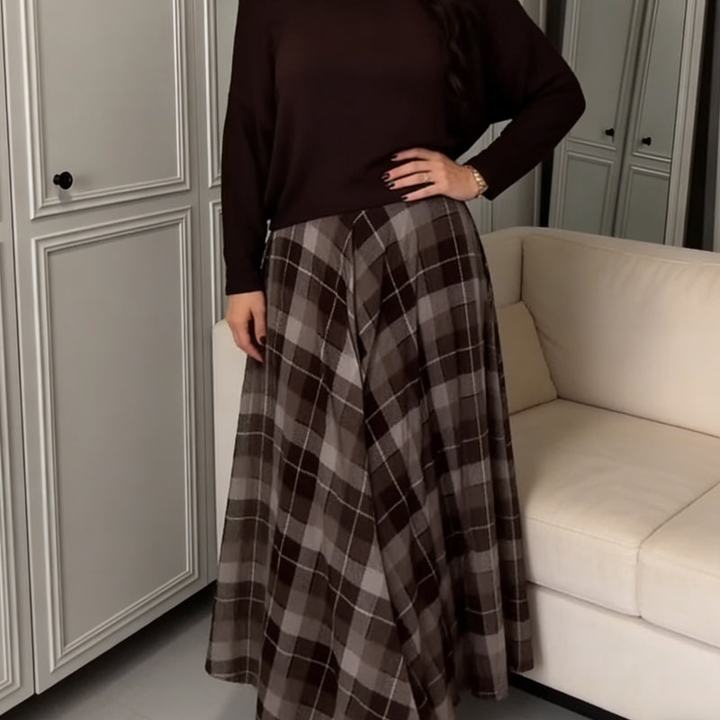 Damen-Bluse mit Rundhalsausschnitt und ärmelloses Karokleid, 2-teiliges Set