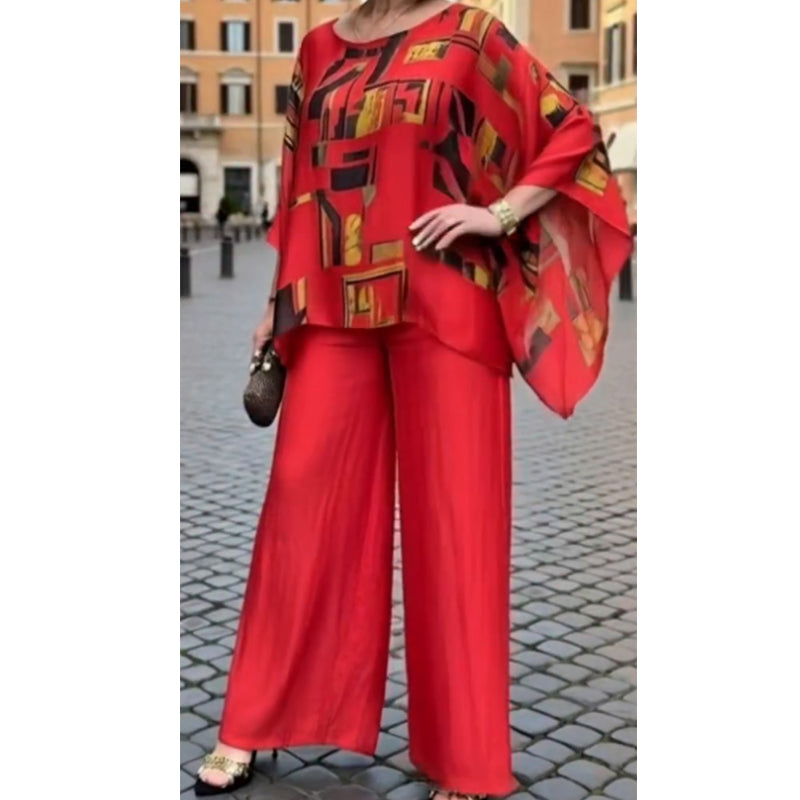 2-teiliges Set aus bedrucktem Oberteil und Hose für Damen