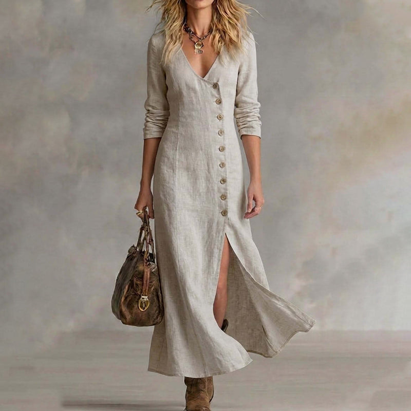 Maxikleid mit langen Ärmeln, V-Ausschnitt und Knopfleiste für Damen