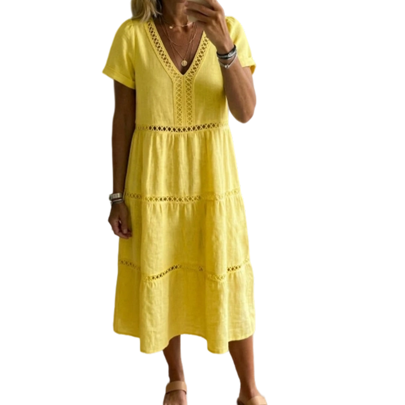 Elegantes Damenkleid mit V-Ausschnitt und Spitzeneinsätzen