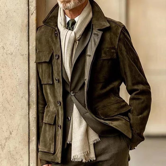 Kurze Cargo-Jacke aus Wildleder mit mehreren Taschen für Herren