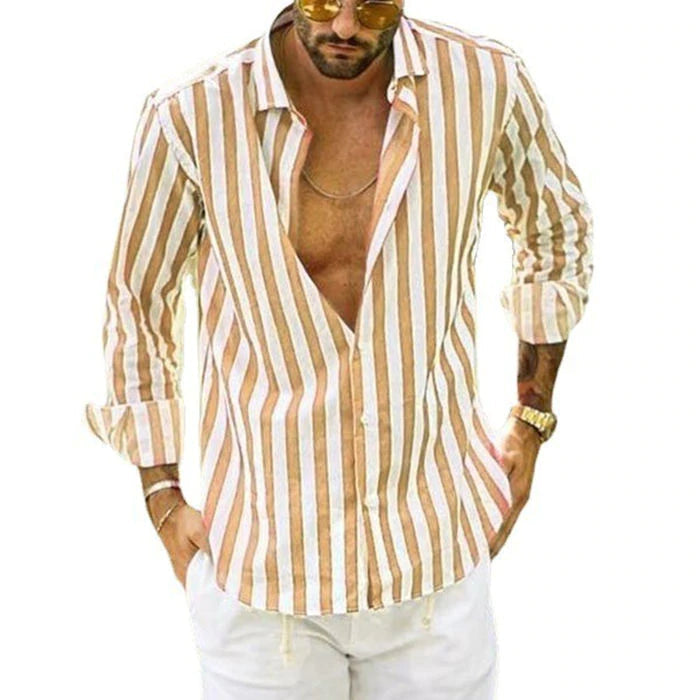 【Vatertagsangebot – 49 % Rabatt】Gestreiftes Button-Down-Langarmhemd für Herren aus Baumwolle und Leinen