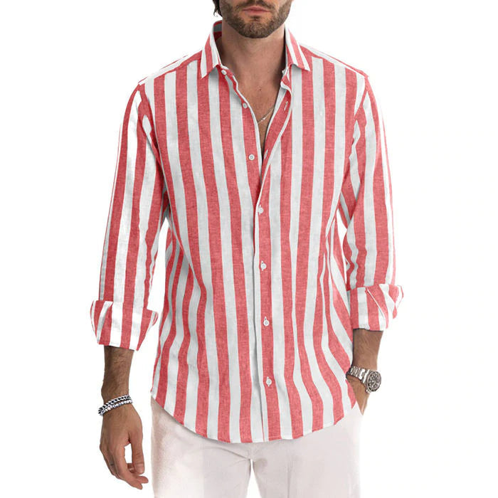 【Vatertagsangebot – 49 % Rabatt】Gestreiftes Button-Down-Langarmhemd für Herren aus Baumwolle und Leinen