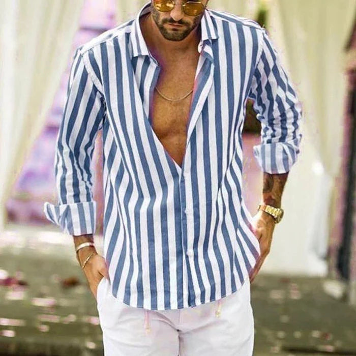 【Vatertagsangebot – 49 % Rabatt】Gestreiftes Button-Down-Langarmhemd für Herren aus Baumwolle und Leinen