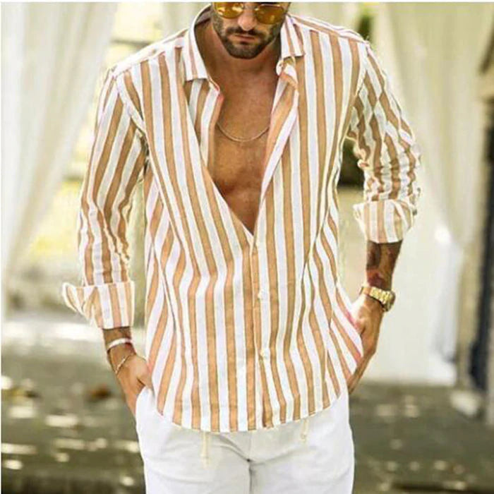 【Vatertagsangebot – 49 % Rabatt】Gestreiftes Button-Down-Langarmhemd für Herren aus Baumwolle und Leinen