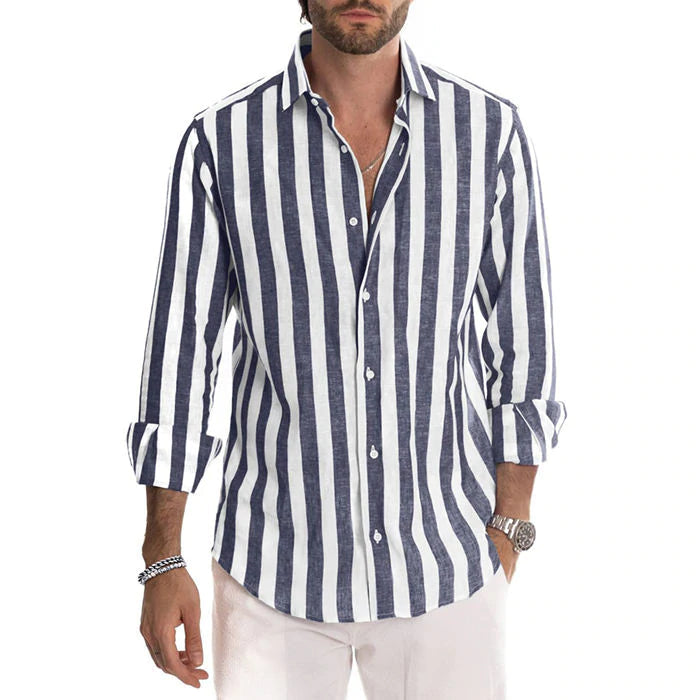 【Vatertagsangebot – 49 % Rabatt】Gestreiftes Button-Down-Langarmhemd für Herren aus Baumwolle und Leinen