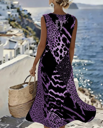 🎁💐Langes, ärmelloses Patchwork-Kleid mit Leopardenmuster