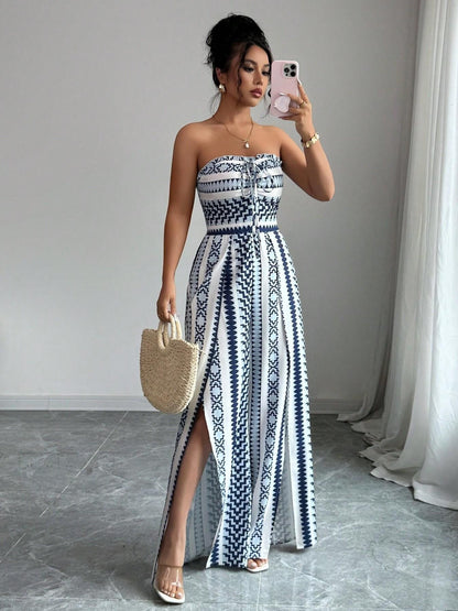 🔥50% RABATT! 👗 Damen Jumpsuit schulterfrei floral im Boho-Stil – Eleganter Sommer-Overall mit Bardot-Ausschnitt – Fließend, leicht & perfekt für Festivals, Strand oder romantische Sommerabende 🌸