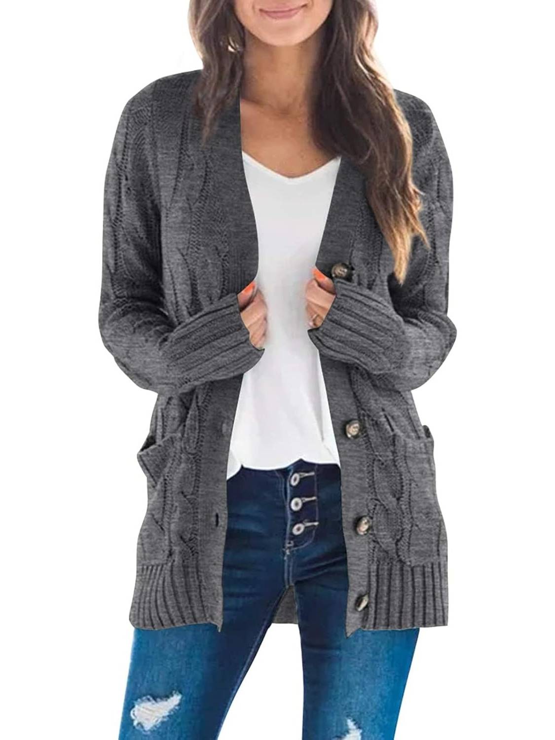 Damen Herbst Casual Langarm Button Down Open Front Zopfmuster Strickjacke