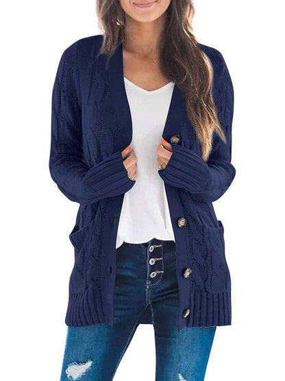Damen Herbst Casual Langarm Button Down Open Front Zopfmuster Strickjacke