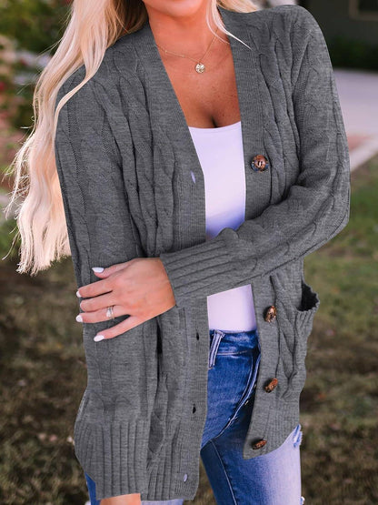 Damen Herbst Casual Langarm Button Down Open Front Zopfmuster Strickjacke