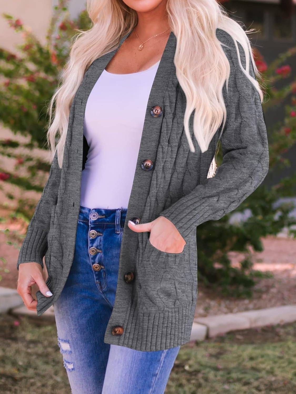 Damen Herbst Casual Langarm Button Down Open Front Zopfmuster Strickjacke