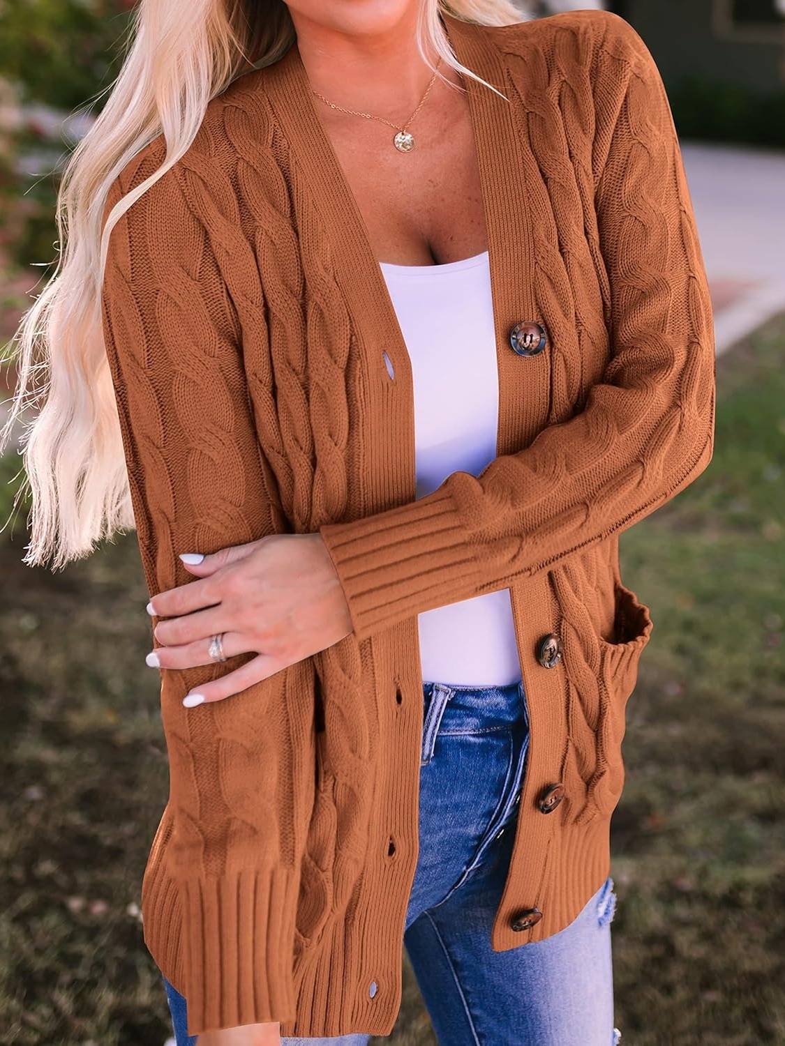 Damen Herbst Casual Langarm Button Down Open Front Zopfmuster Strickjacke