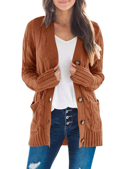 Damen Herbst Casual Langarm Button Down Open Front Zopfmuster Strickjacke