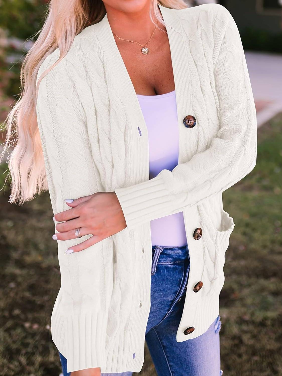 Damen Herbst Casual Langarm Button Down Open Front Zopfmuster Strickjacke