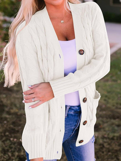 Damen Herbst Casual Langarm Button Down Open Front Zopfmuster Strickjacke