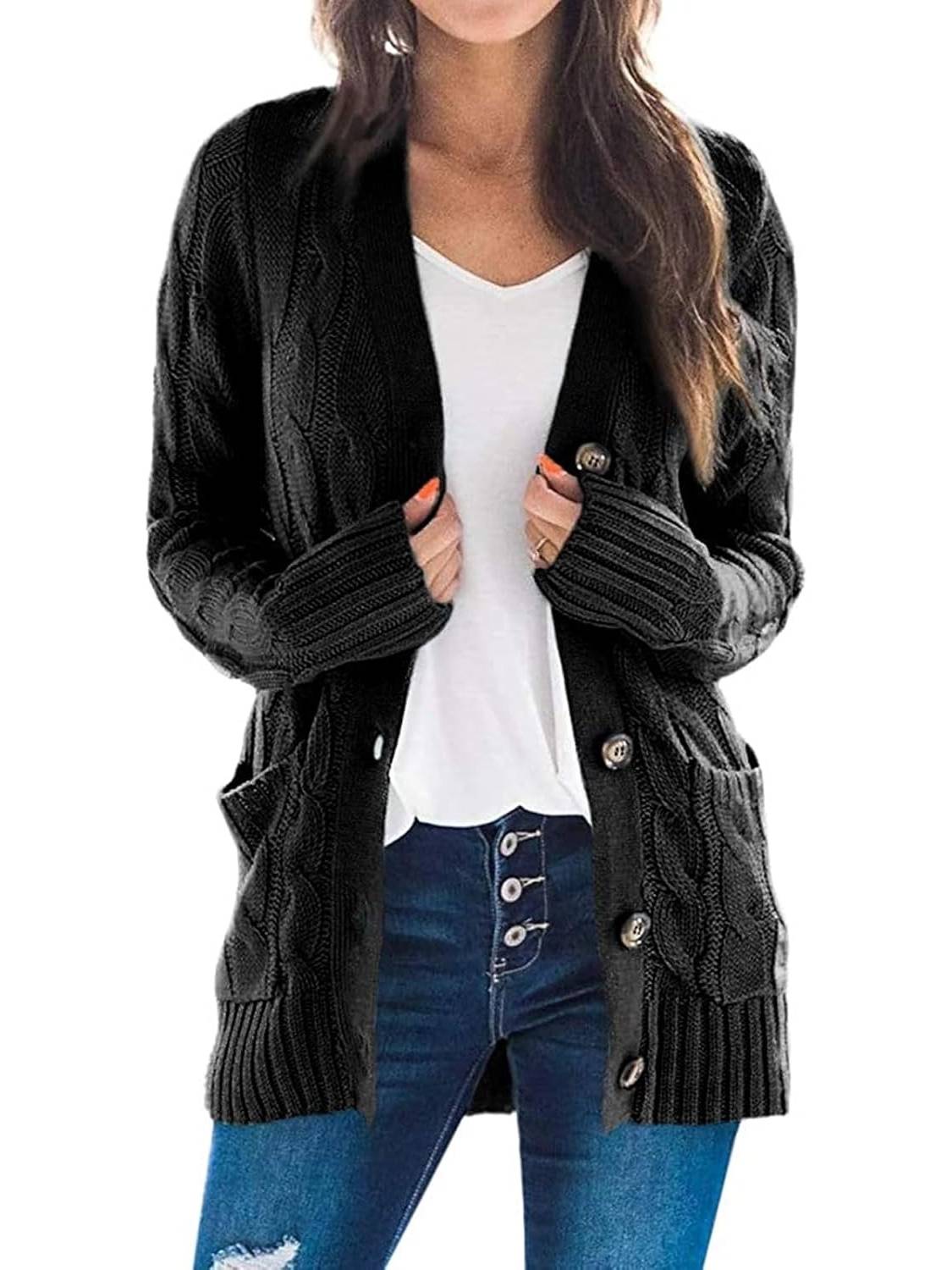 Damen Herbst Casual Langarm Button Down Open Front Zopfmuster Strickjacke