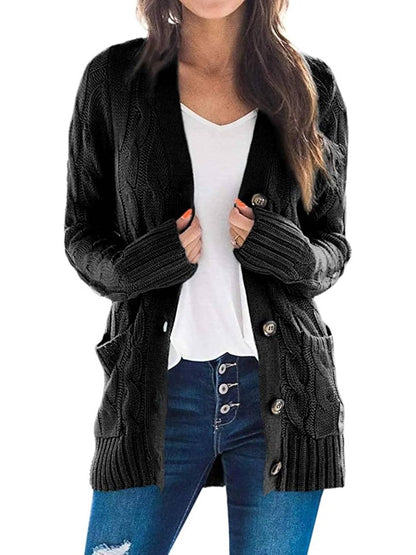 Damen Herbst Casual Langarm Button Down Open Front Zopfmuster Strickjacke