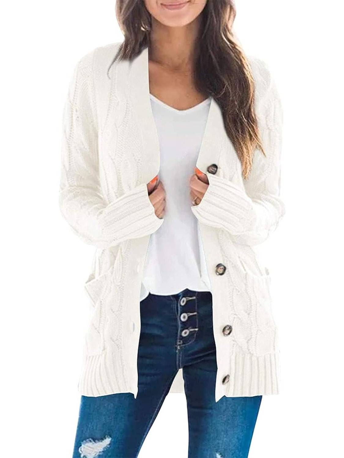 Damen Herbst Casual Langarm Button Down Open Front Zopfmuster Strickjacke