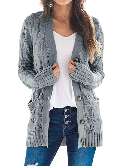 Damen Herbst Casual Langarm Button Down Open Front Zopfmuster Strickjacke