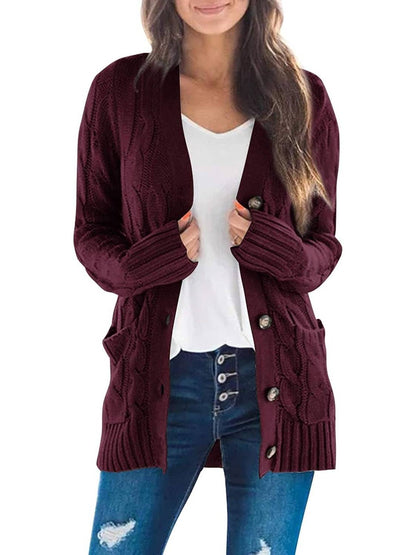 Damen Herbst Casual Langarm Button Down Open Front Zopfmuster Strickjacke