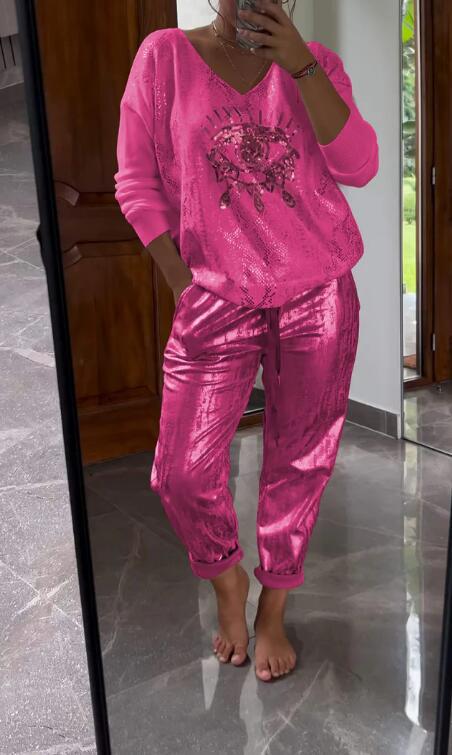 2-teiliges Damen-Set: Devil's Eye Goldfolien-Oberteil und Pailletten-Hosen-Set