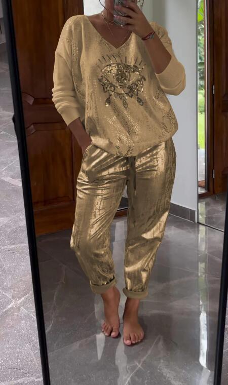 2-teiliges Damen-Set: Devil's Eye Goldfolien-Oberteil und Pailletten-Hosen-Set