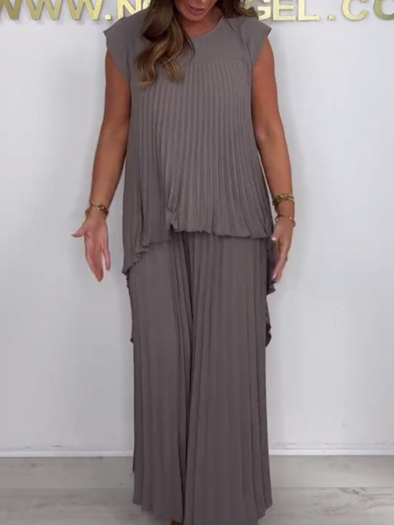 ✨Schneller Verkauf 49 % Rabatt🌸Laney Set aus plissiertem, kurzärmligem, unregelmäßigem Midi-Top und Hose mit weitem Bein und elastischer Taille