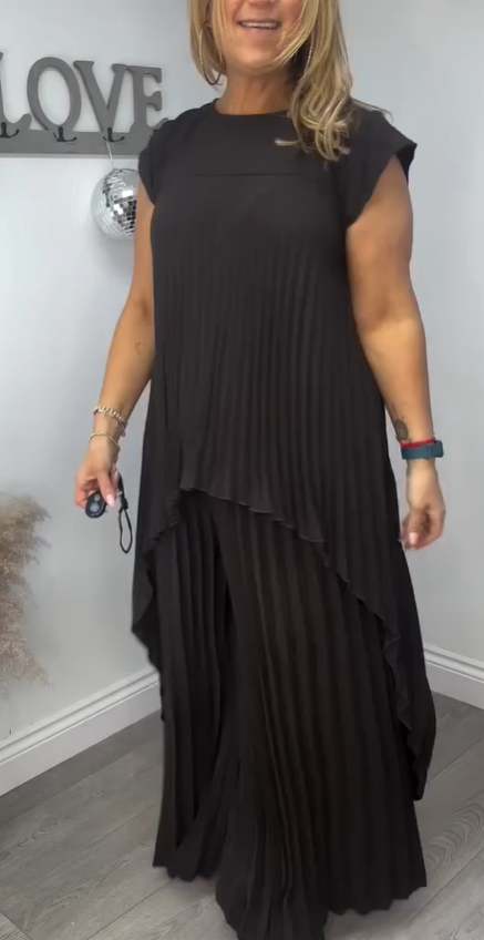 ✨Schneller Verkauf 49 % Rabatt🌸Laney Set aus plissiertem, kurzärmligem, unregelmäßigem Midi-Top und Hose mit weitem Bein und elastischer Taille