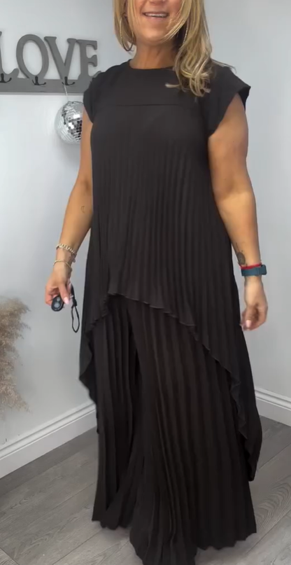 ✨Schneller Verkauf 49 % Rabatt🌸Laney Set aus plissiertem, kurzärmligem, unregelmäßigem Midi-Top und Hose mit weitem Bein und elastischer Taille
