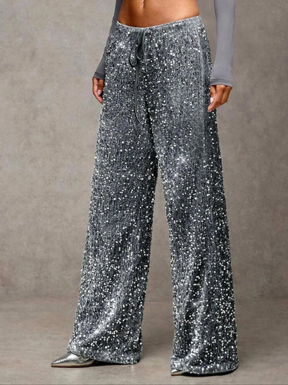 💖Damenhose mit Pailletten und weitem Bein, elastischem Bund