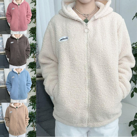 Kuschelige Fuzzy-Jacke in Übergröße mit Reißverschluss und Stehkragen für Damen