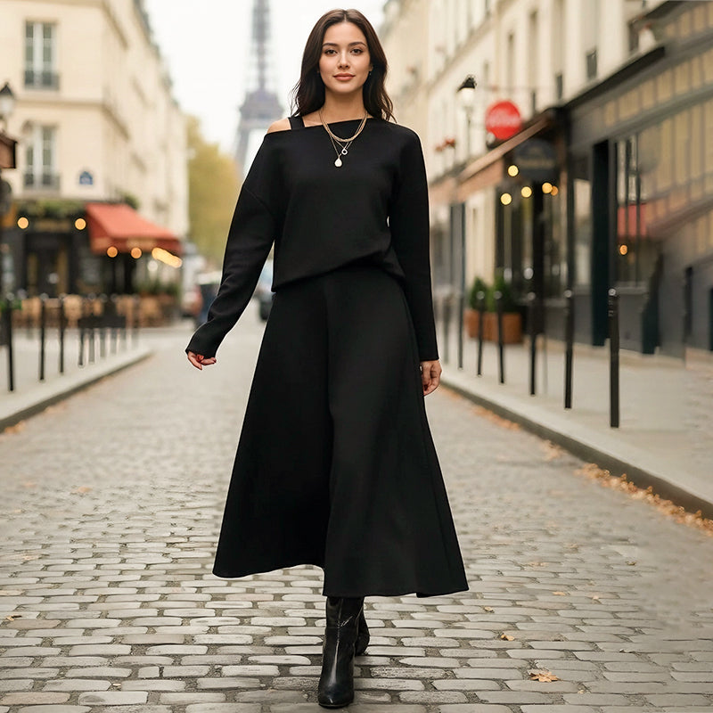 🔥Neuheiten Sonderangebot💃 2-teiliges Strick-Outfit für Damen: Midikleid mit Spaghettiträgern und bauchfreies Oberteil