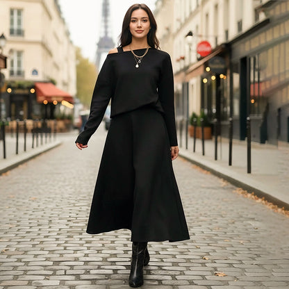 🔥Neuheiten Sonderangebot💃 2-teiliges Strick-Outfit für Damen: Midikleid mit Spaghettiträgern und bauchfreies Oberteil