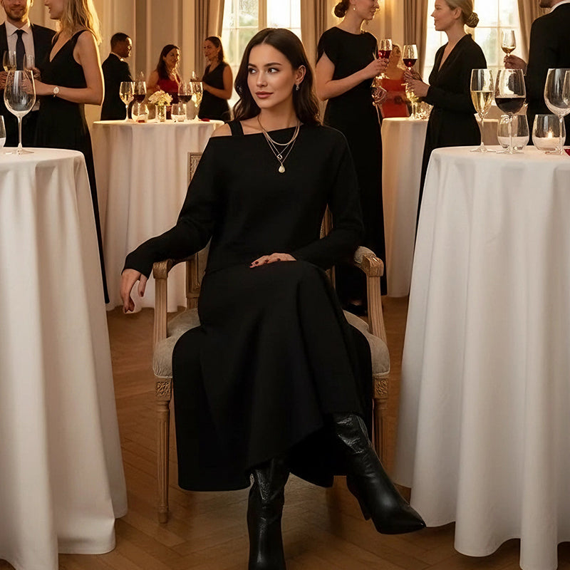 🔥Neuheiten Sonderangebot💃 2-teiliges Strick-Outfit für Damen: Midikleid mit Spaghettiträgern und bauchfreies Oberteil