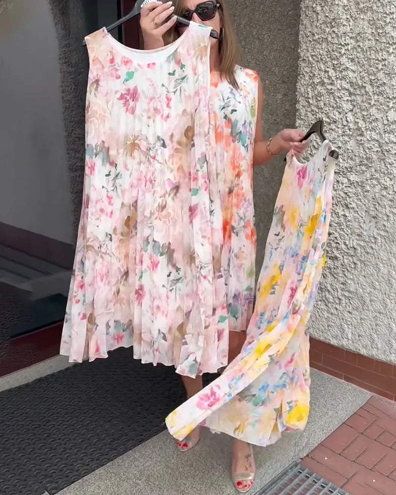 Ärmelloses Midikleid mit Plissee und Blumenprint und betonter Taille