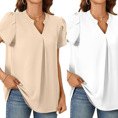 Damen V-Ausschnitt Uni Top mit kurzen Ärmeln
