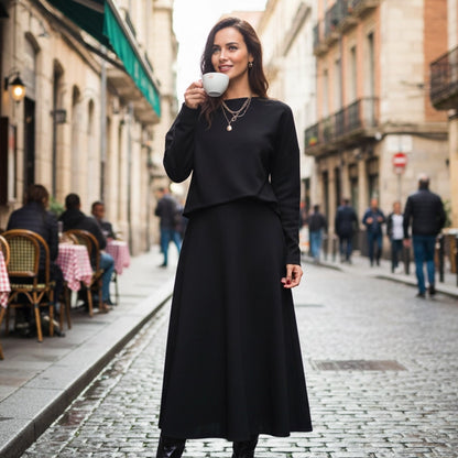 🔥Neuheiten Sonderangebot💃 2-teiliges Strick-Outfit für Damen: Midikleid mit Spaghettiträgern und bauchfreies Oberteil