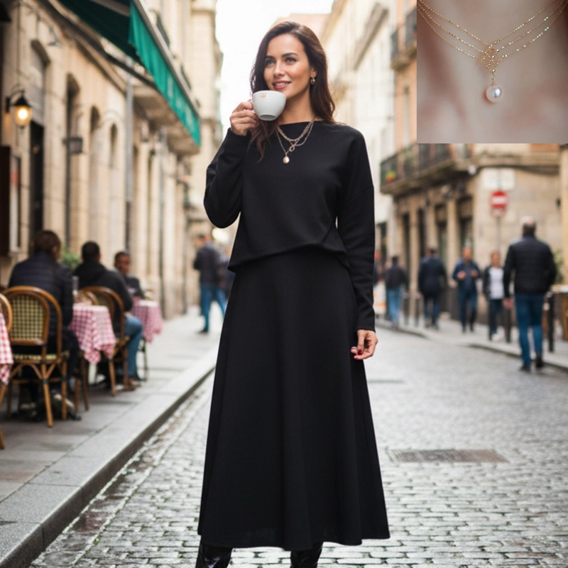 🔥Neuheiten Sonderangebot💃 2-teiliges Strick-Outfit für Damen: Midikleid mit Spaghettiträgern und bauchfreies Oberteil