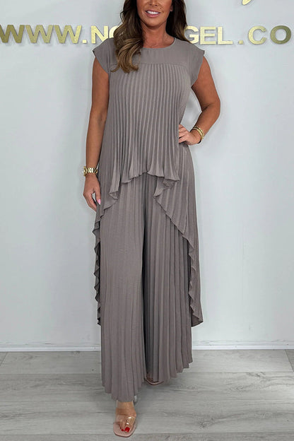 ✨Schneller Verkauf 49 % Rabatt🌸Laney Set aus plissiertem, kurzärmligem, unregelmäßigem Midi-Top und Hose mit weitem Bein und elastischer Taille