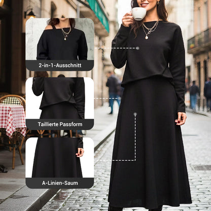 🔥Neuheiten Sonderangebot💃 2-teiliges Strick-Outfit für Damen: Midikleid mit Spaghettiträgern und bauchfreies Oberteil