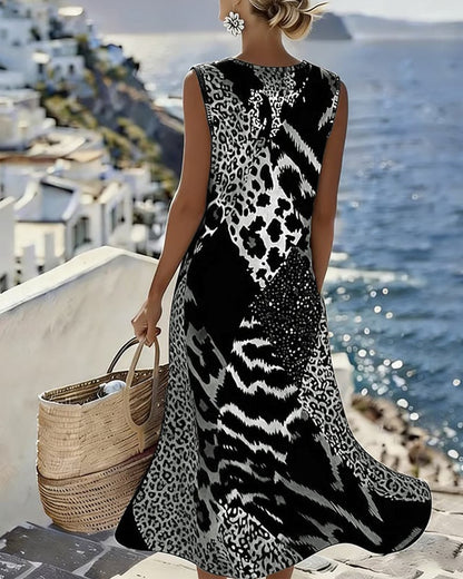 🎁💐Langes, ärmelloses Patchwork-Kleid mit Leopardenmuster